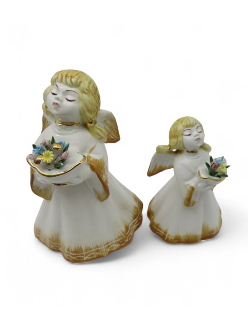 Capodimonte Angel Figurine Set Floral Bouquet Italy Vintage